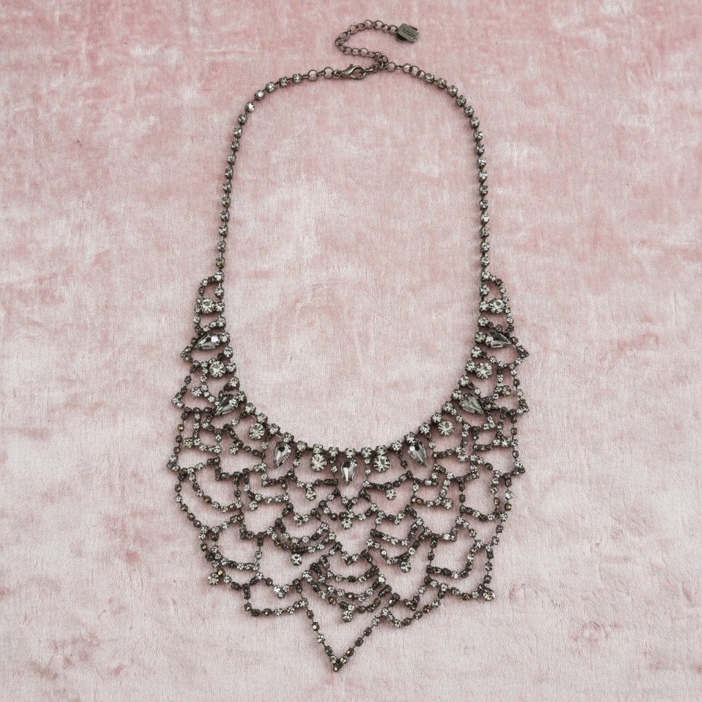 Vintage Rhinestone Bib Necklace, Sparkly Clear Crystal Statement Necklace